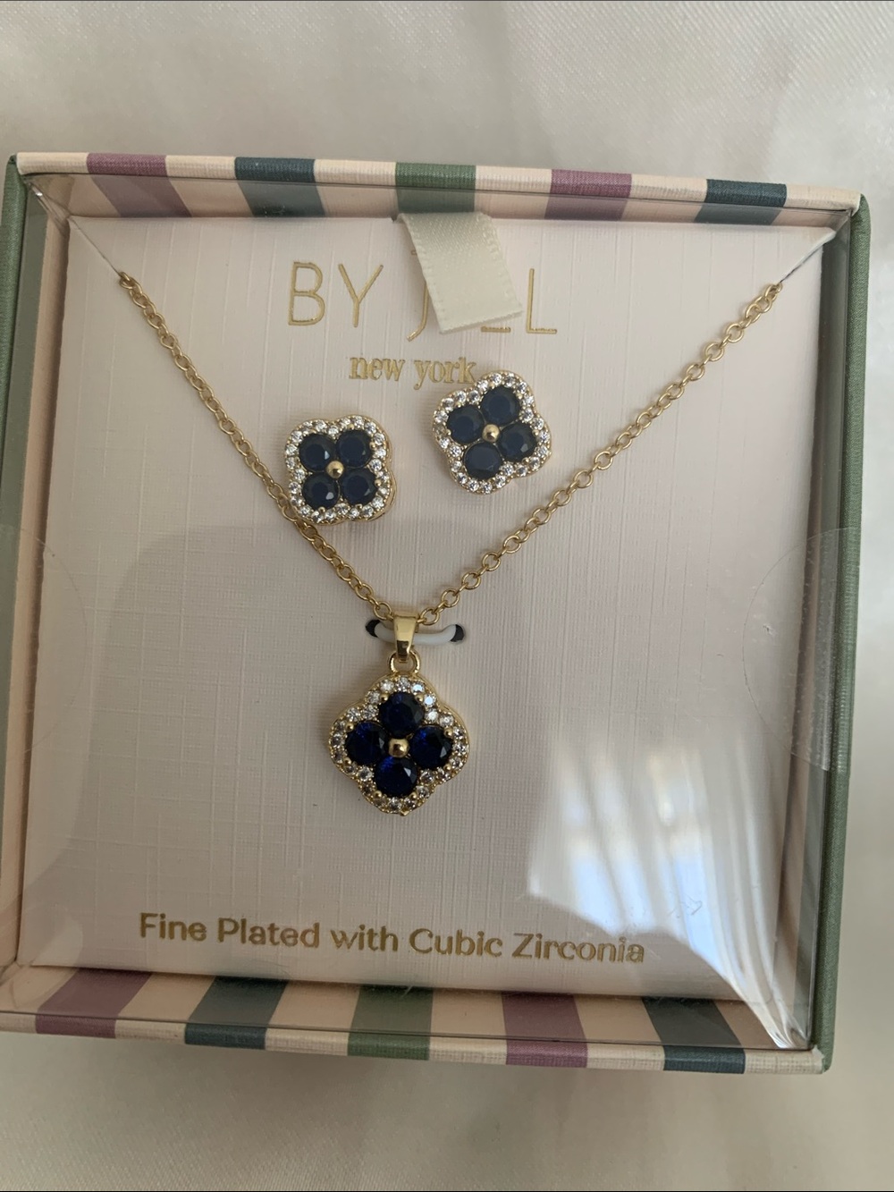 Gold-Plated Navy Blue Cubic Zirconia Flower Necklace & Earring Set